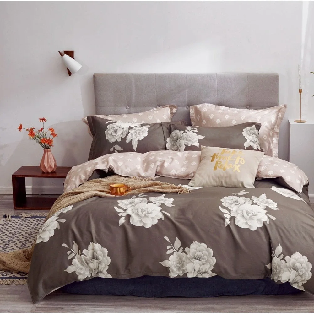 Marrisa Brown Floral‎ 100% Cotton Reversible Duvet Cover Set Queen/Full